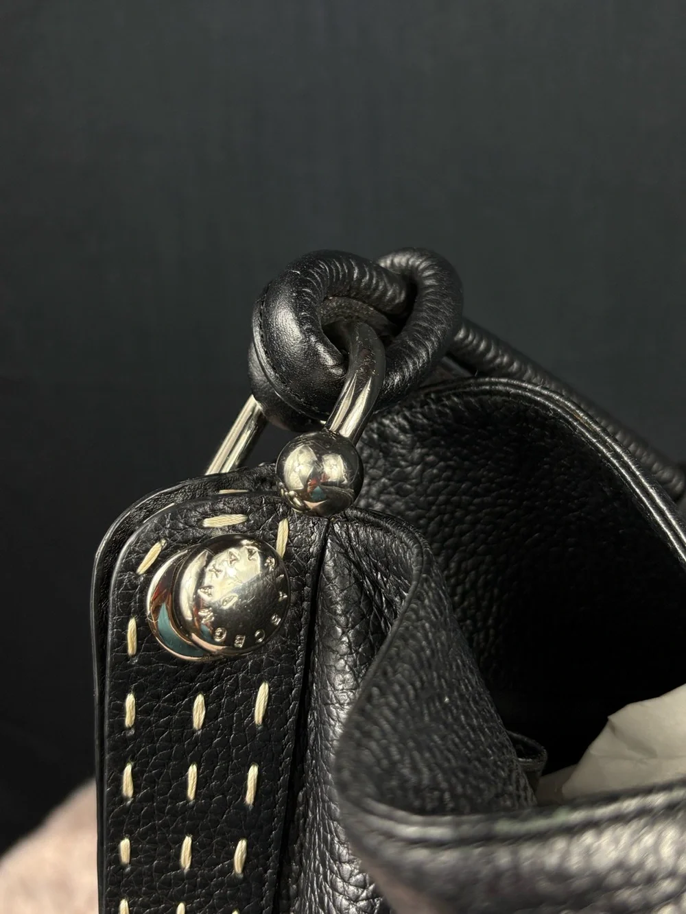 BCBGMAXAZRIA Black Pebbled Leather Hobo Bag Whipstitch Vintage